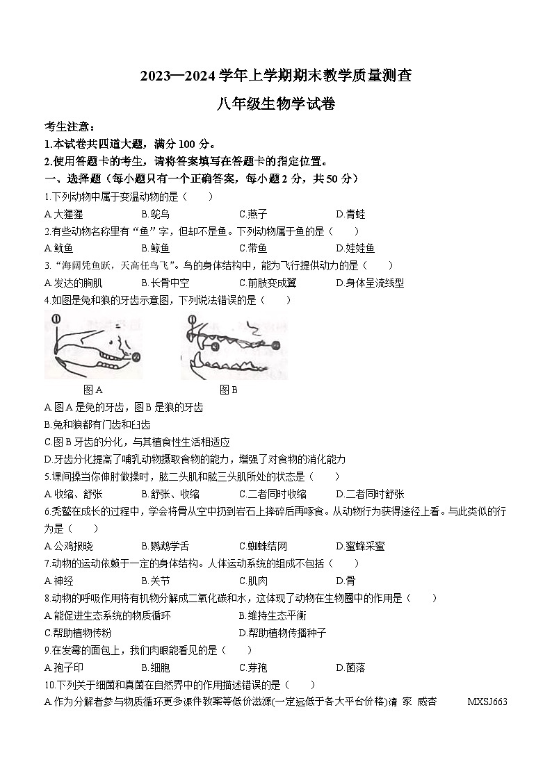黑龙江省齐齐哈尔市梅里斯达斡尔族区2023-2024学年八年级上学期期末生物试题(无答案)第1页