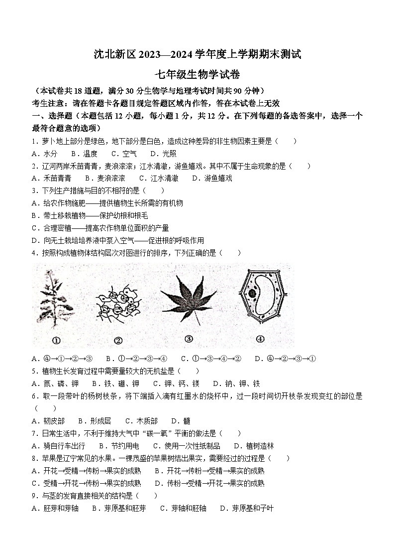 辽宁省沈阳市沈北新区2023-2024学年七年级上学期期末考试生物试题(无答案)第1页