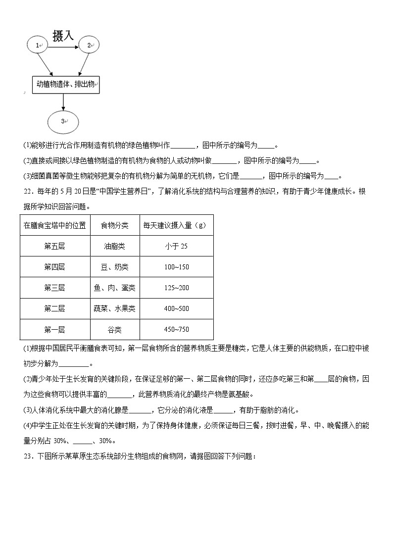 宁夏吴忠市同心县下马关中学2023-2024学年七年级上册期末生物试卷(含解析)第3页