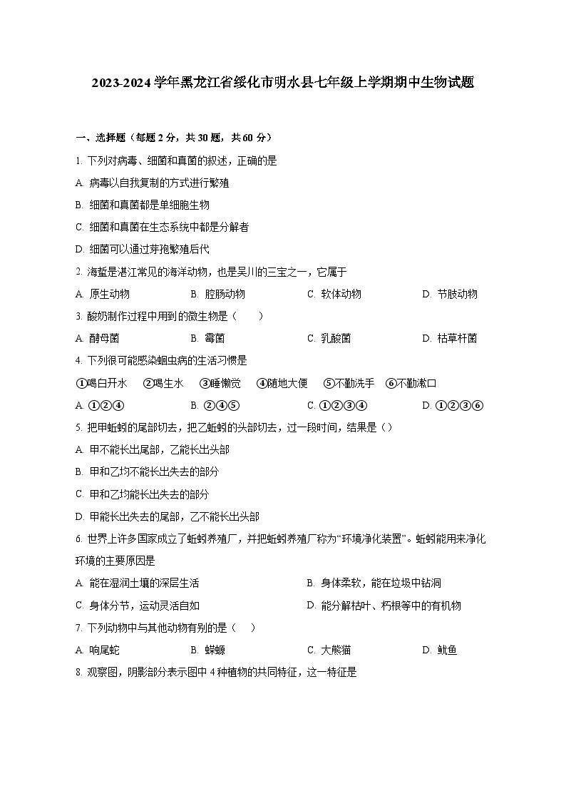 2023-2024学年黑龙江省绥化市明水县七年级上册期中生物测试卷（含解析）01