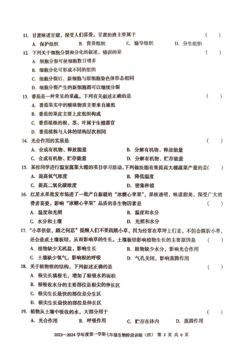 广东省 廉江市良垌三中 2023-2024学年度第一学期七年级生物第4次月考试题（PDF版，无答案）02