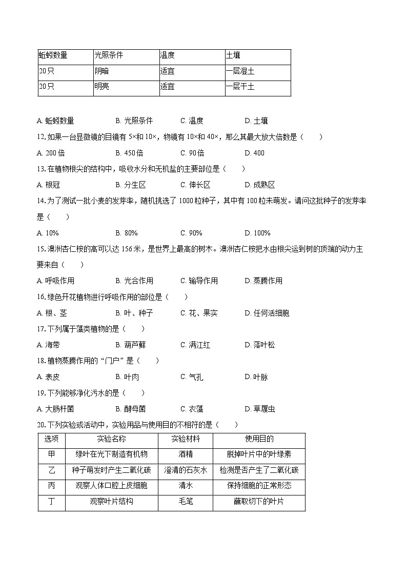 2023-2024学年吉林省吉林市永吉县七年级(上)期末生物试卷(含解析)第2页