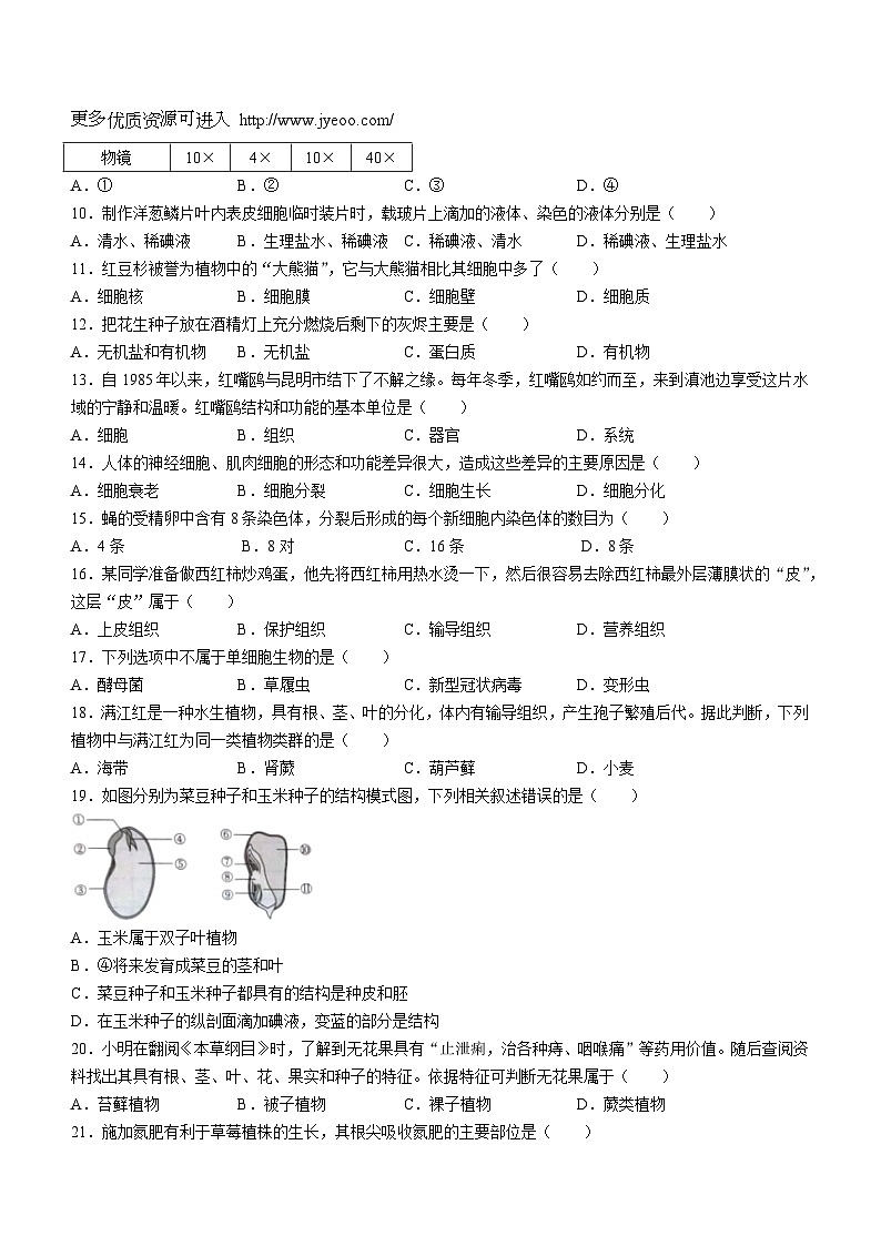 云南省昆明市九县区2023-2024学年七年级上学期期末检测生物试题卷(无答案)第2页