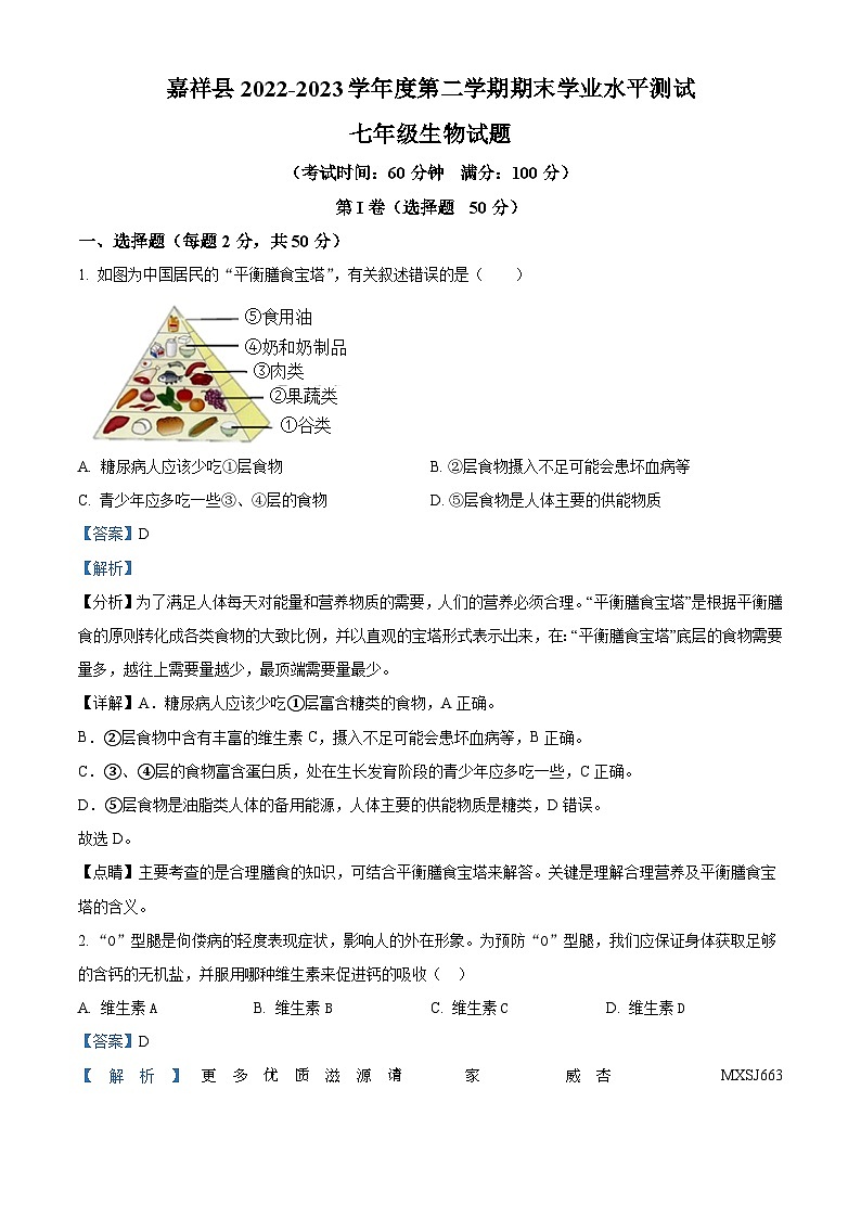 精品解析:山东省济宁市嘉祥县2022-2023学年七年级下学期期末生物试题(解析版)01