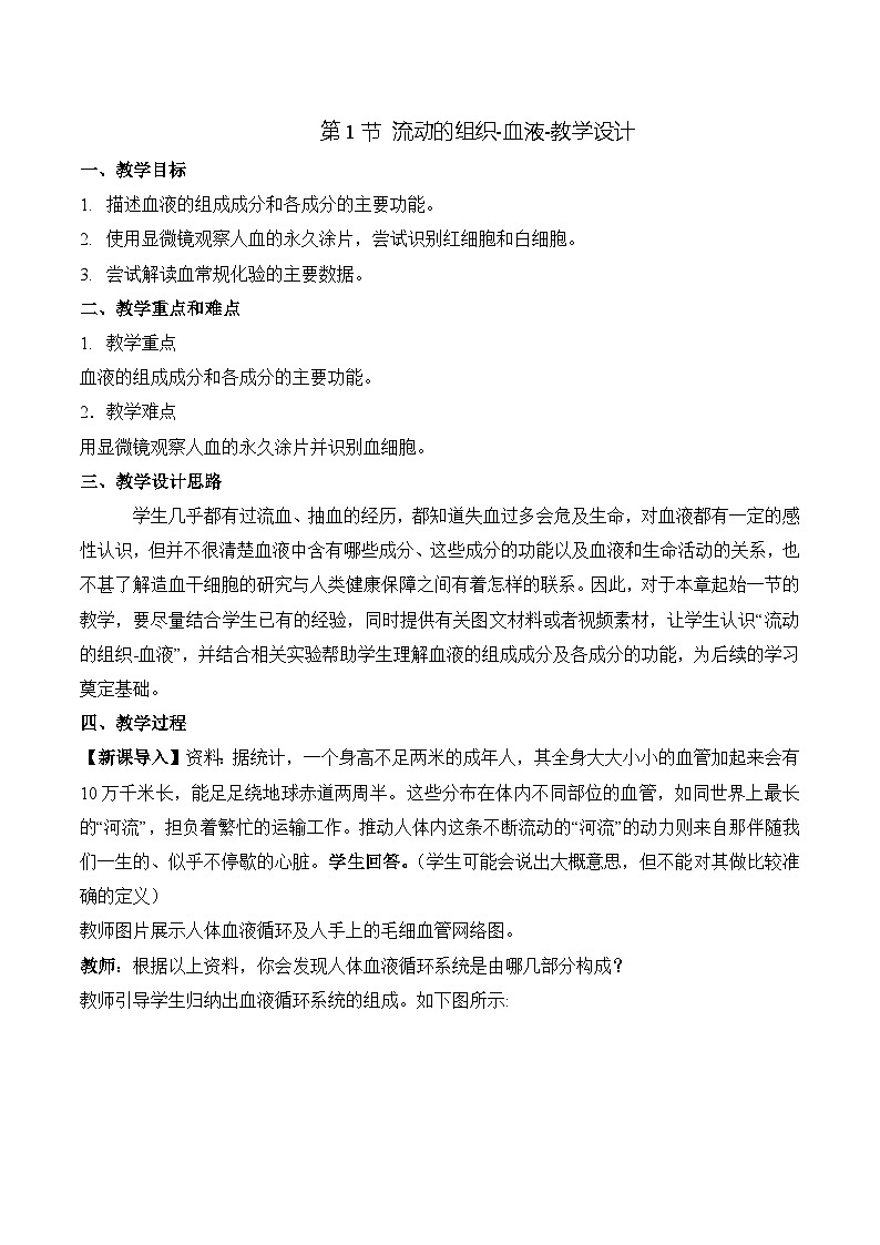 人教版生物七年级下册4.4.1《流动的组织——血液》课件+教案01