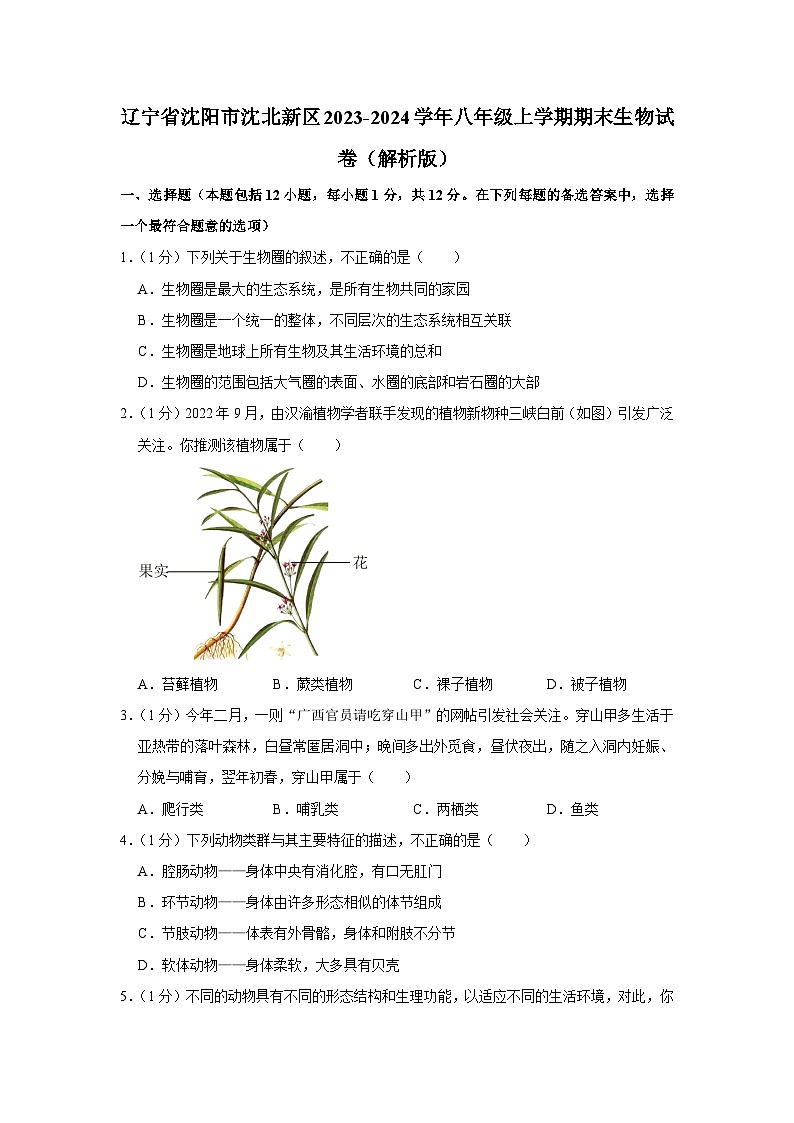 辽宁省沈阳市沈北新区2023-2024学年八年级上学期期末生物试卷第1页