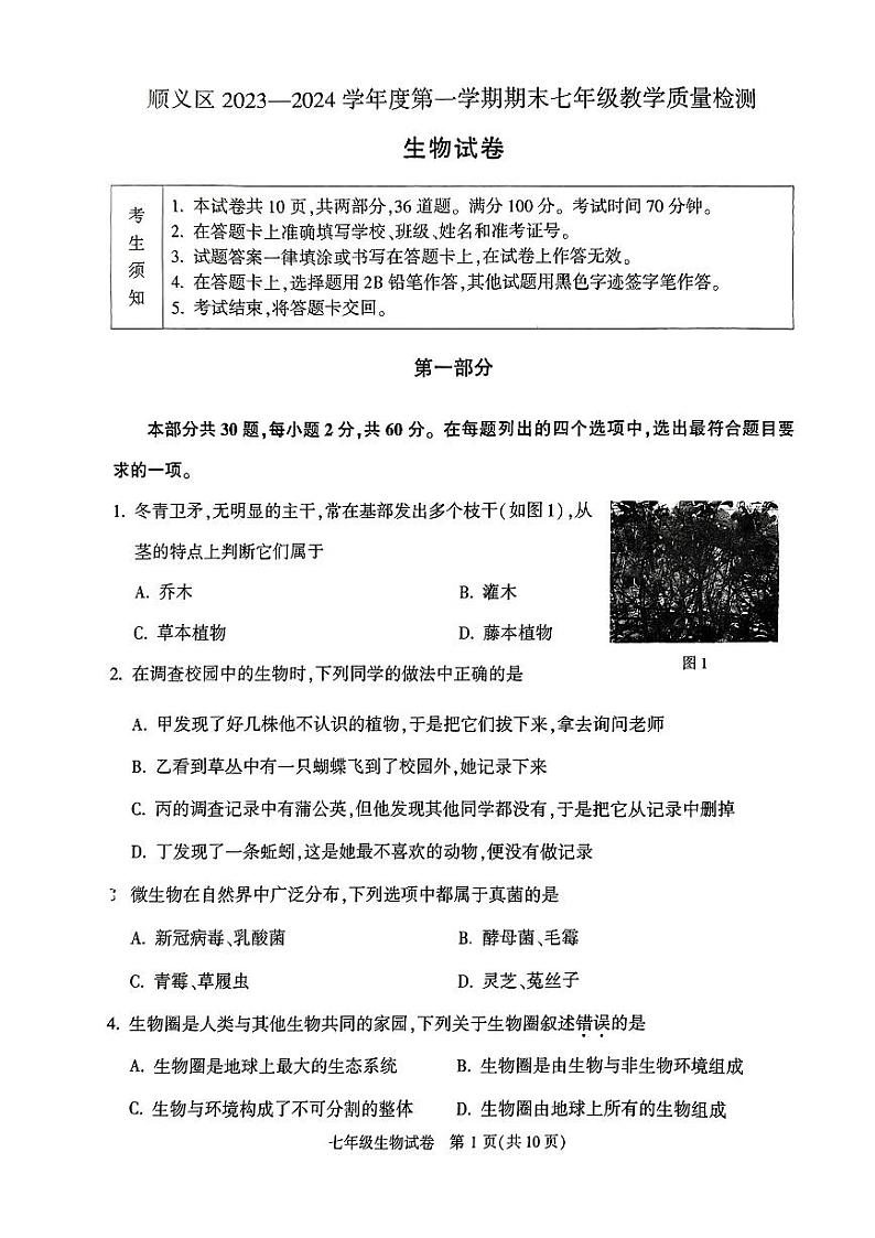 北京市顺义区2023-2024学年七年级上学期期末生物试题第1页