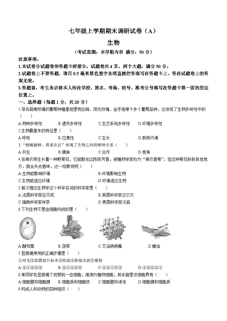 河南省安阳市林州市开元学校2023-2024学年七年级上学期期末生物试题01