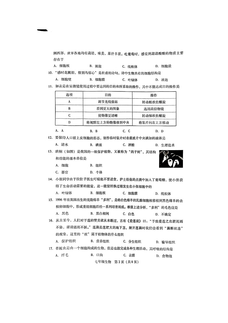 湖南省衡阳市衡南县2023-2024学年七年级上学期期末生物试题第2页