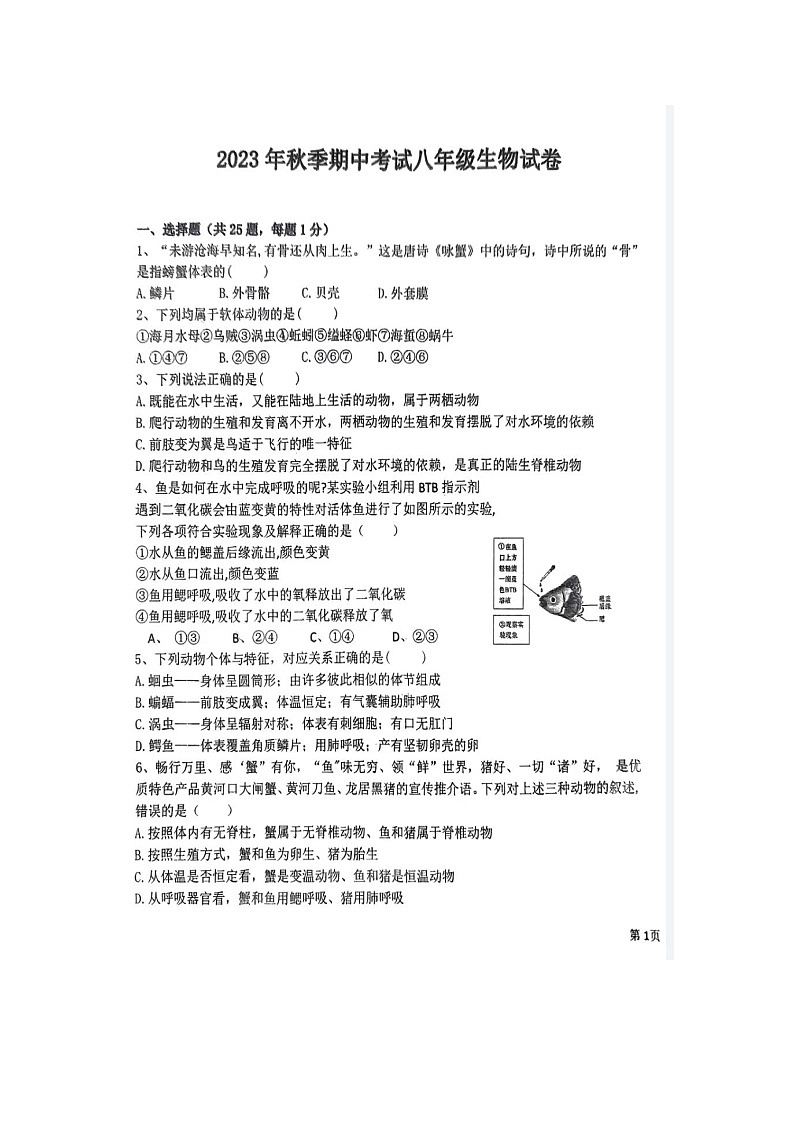 湖北省黄石市有色二中2023--2024学年八年级上学期期中考试生物学试卷01