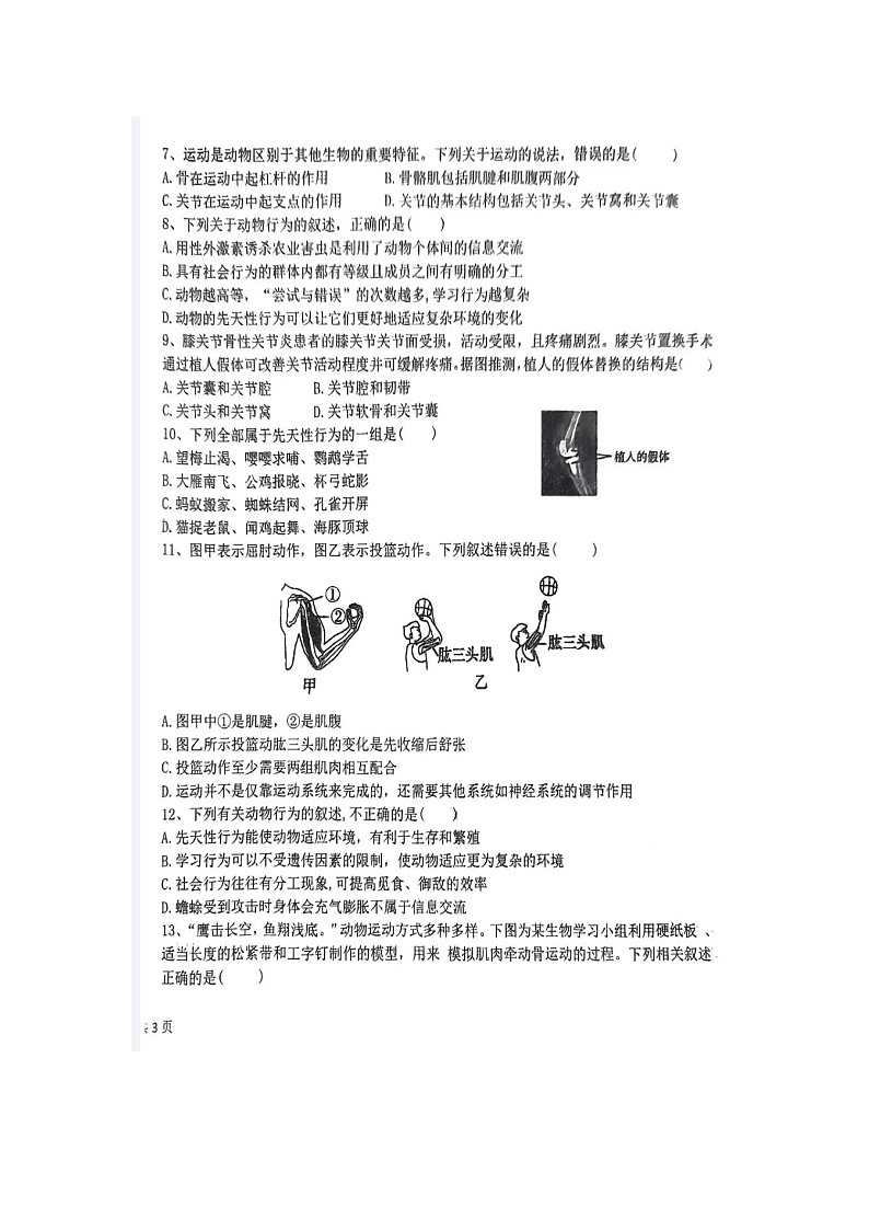 湖北省黄石市有色二中2023--2024学年八年级上学期期中考试生物学试卷02