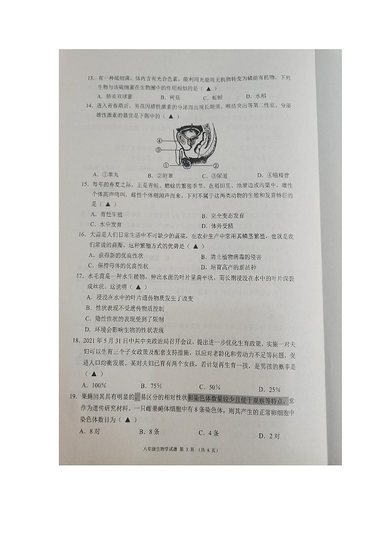 四川省成都市简阳市2023--2024学年八年级上学期期末生物学试卷03