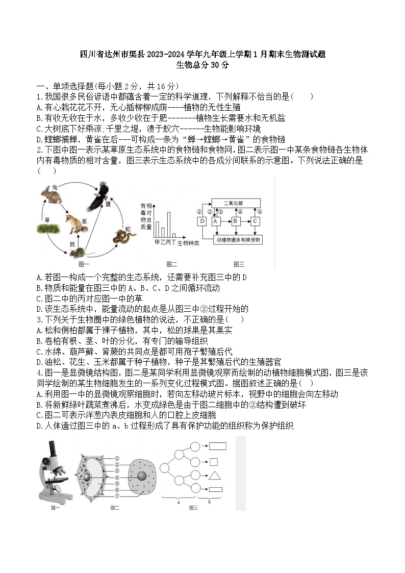 四川省达州市渠县2023-2024学年九年级上学期期末生物试题