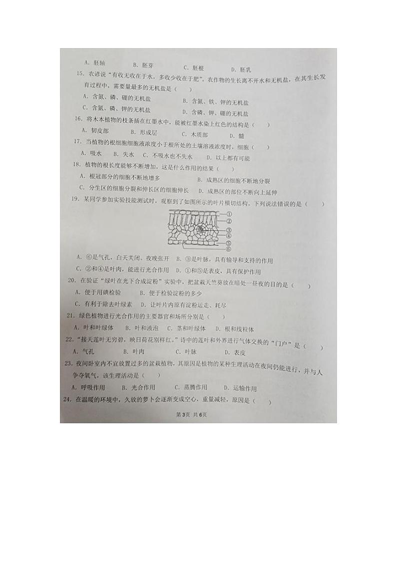 安徽省合肥市合肥经济技术开发区2023-2024学年七年级上学期期末生物试题第3页