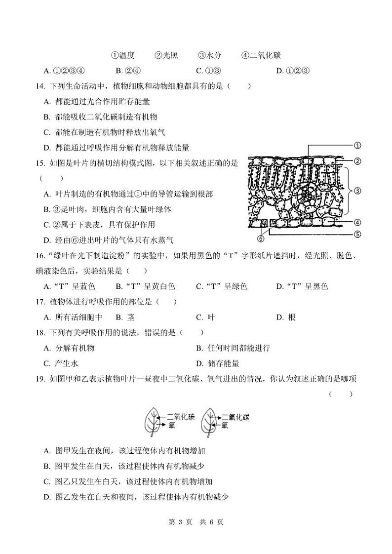 河南省洛阳市栾川县2022-2023学年第一学期期末教学质量检测试卷七年级生物(苏教版)含答案03