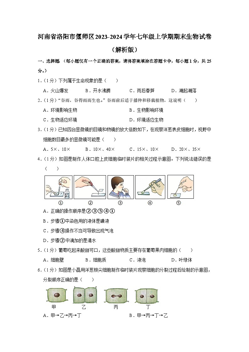 河南省洛阳市偃师区2023-2024学年七年级上学期期末生物试卷+第1页