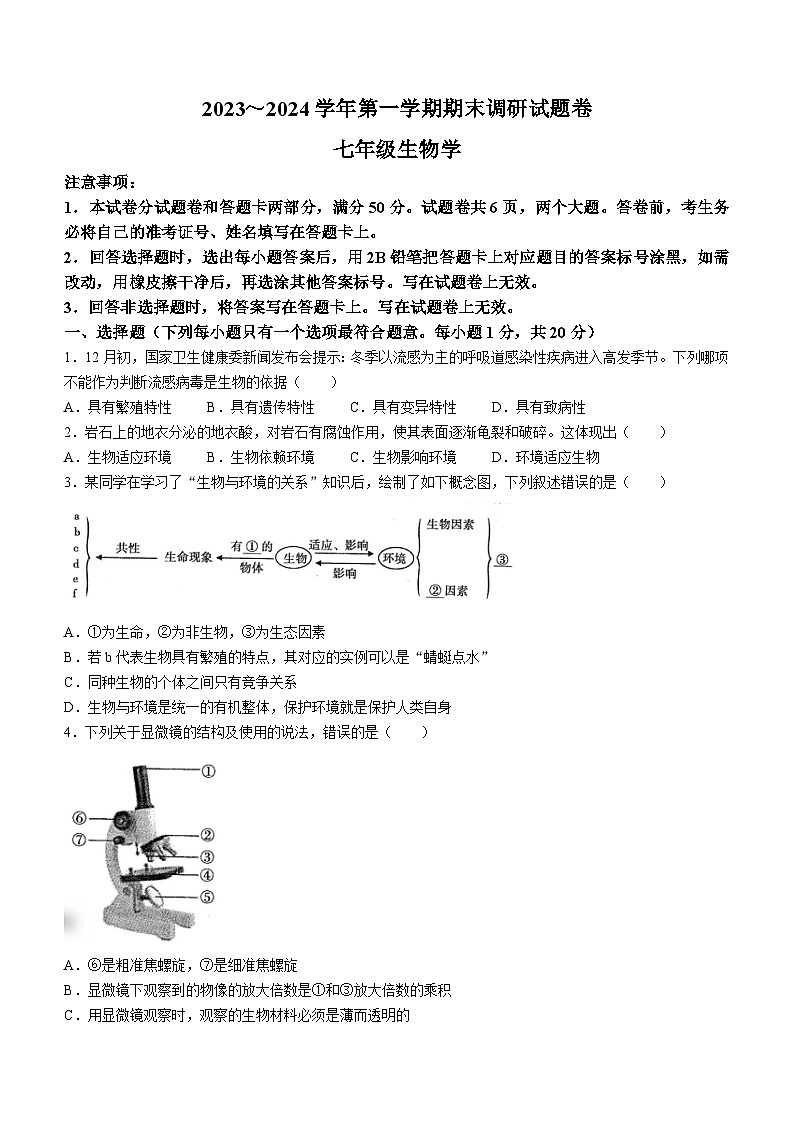 河南省平顶山市2023-2024学年七年级上学期期末生物试题第1页
