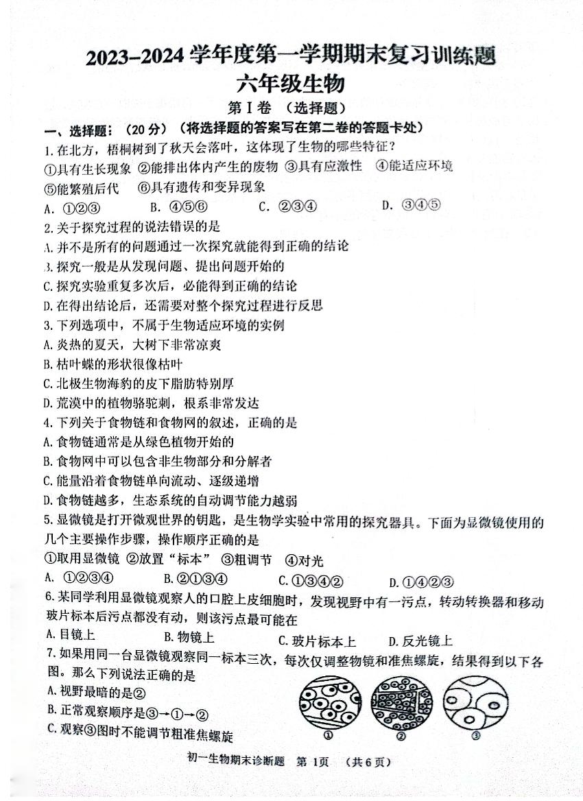 山东省淄博市高青县2023-2024学年六年级上学期期末生物试题(无答案)