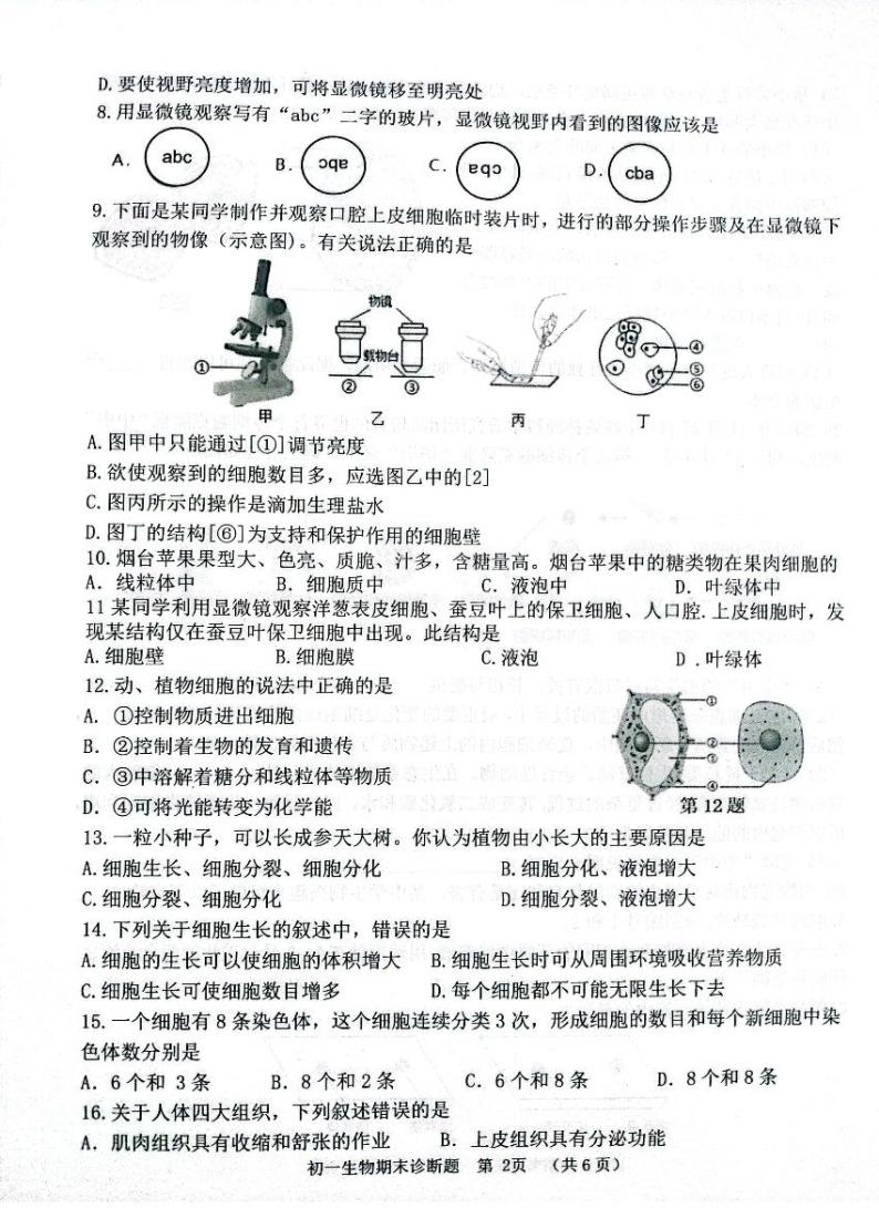 山东省淄博市高青县2023-2024学年六年级上学期期末生物试题(无答案)02