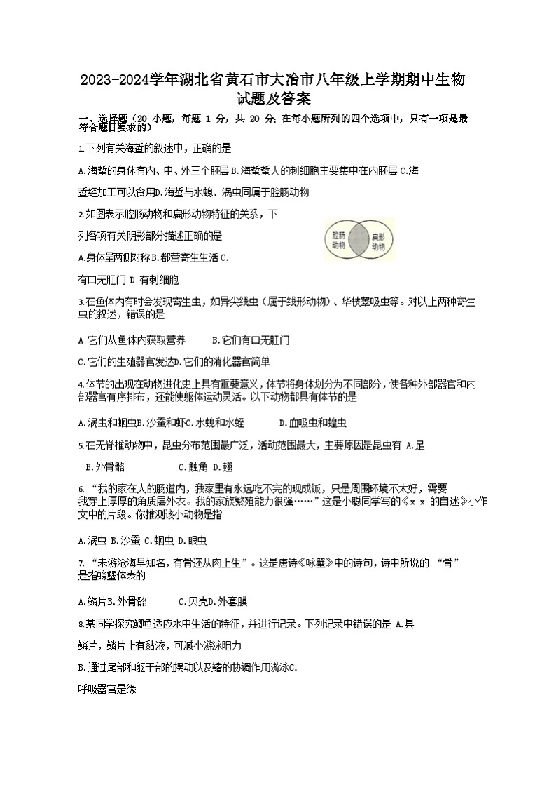 2023-2024学年湖北省黄石市大冶市八年级上学期期中生物试题及答案第1页