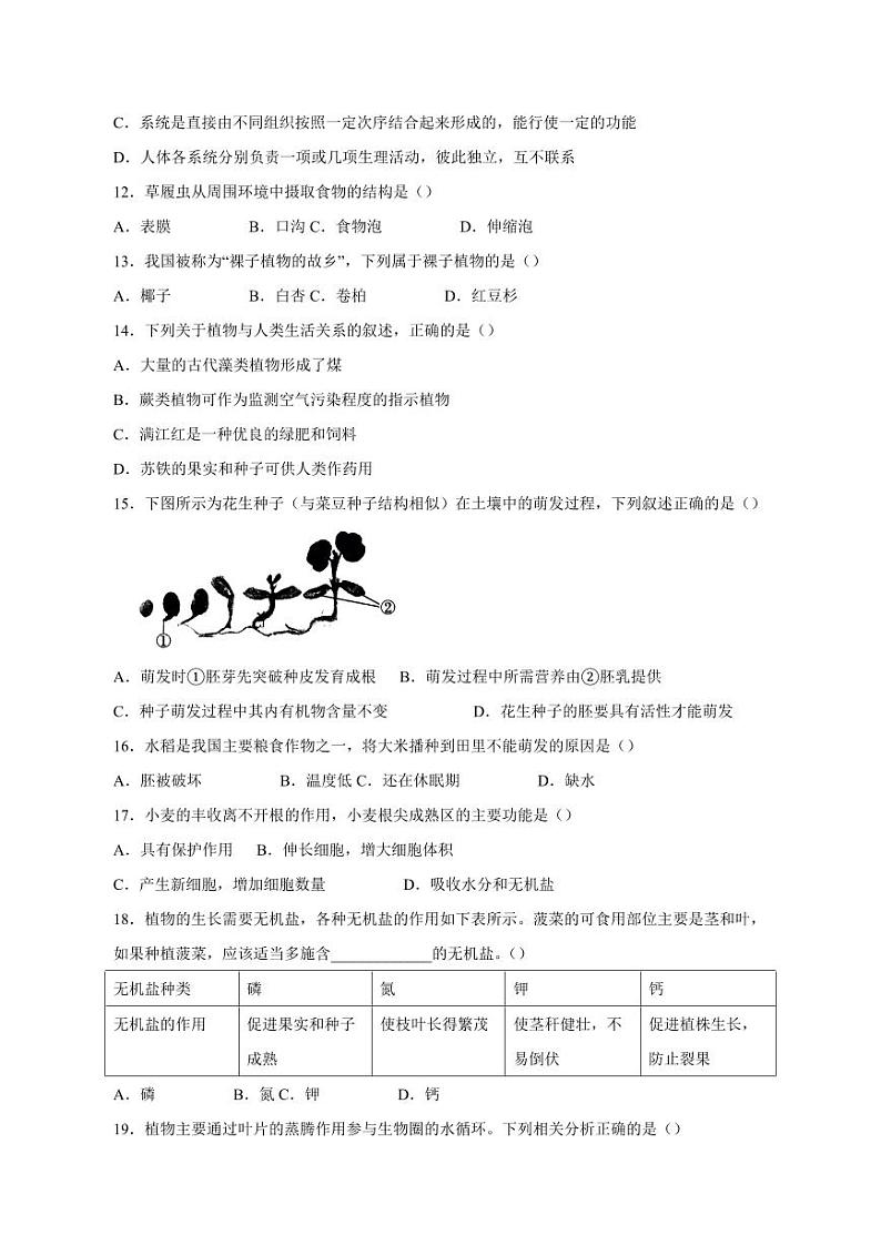 陕西省榆林市子洲县2023-2024学年七年级上学期期末生物模拟试题(含答案)03
