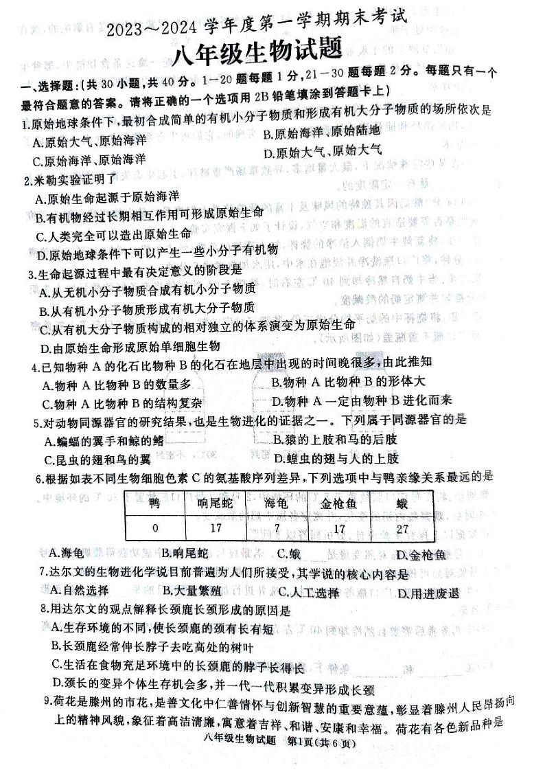山东省枣庄市滕州市2023-2024学年八年级上学期期末考试生物学试题01
