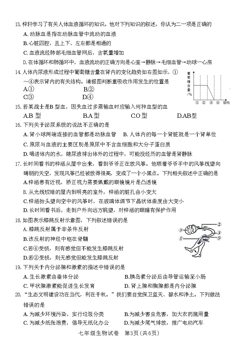 河南省信阳市固始县2022—2023 学年度七年级生物下学期期末教学质量监测试题(附答案)第3页
