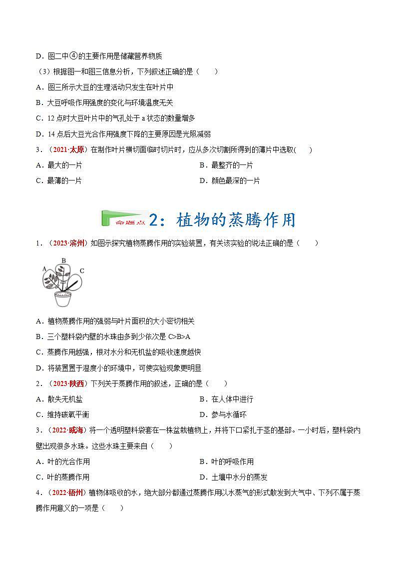 【备战2024中考】一轮复习 初中生物 真题分项汇编 专题04 绿色植物的蒸腾作用、光合作用和呼吸作用(原卷+解析).zip02