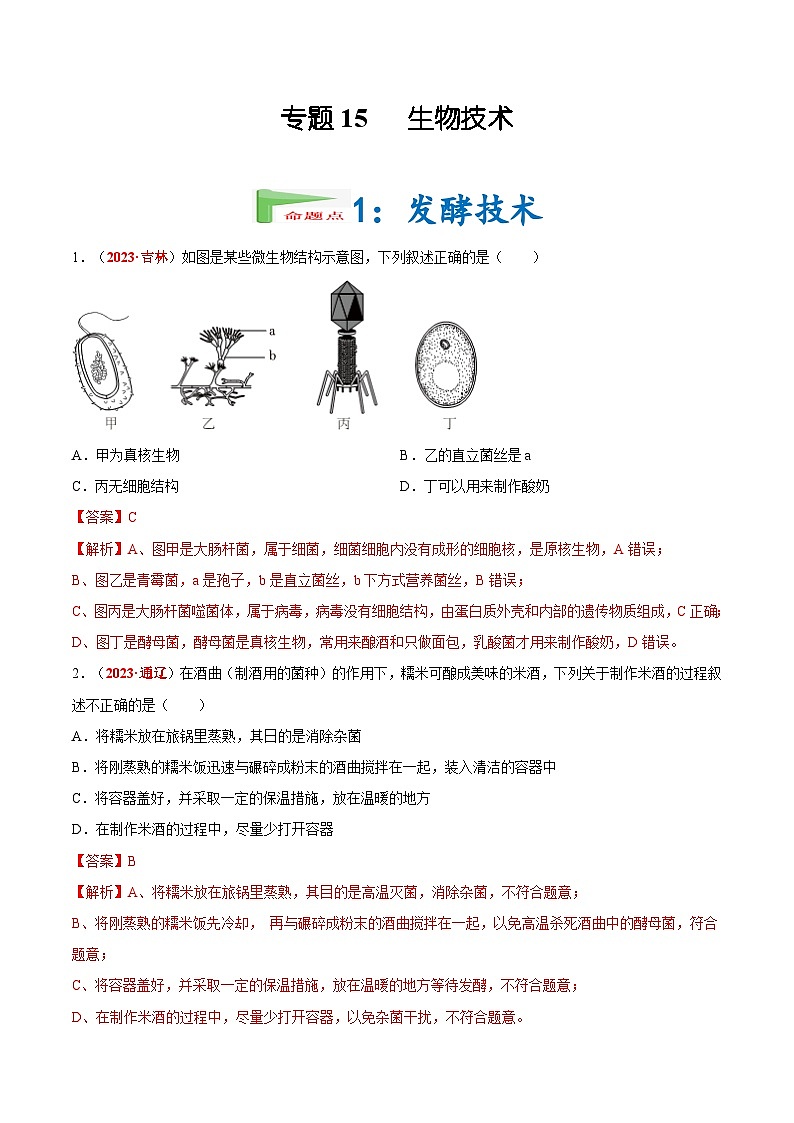【备战2024中考】一轮复习 初中生物 真题分项汇编 专题15 生物技术(原卷+解析).zip01