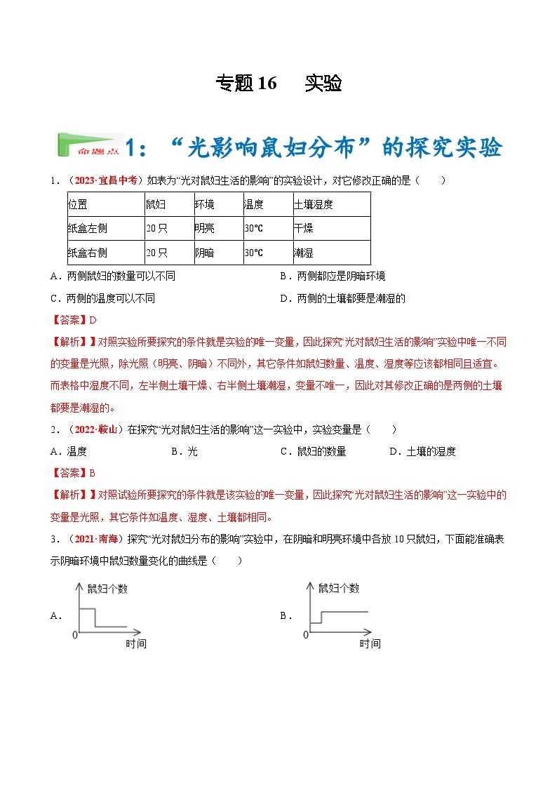 【备战2024中考】一轮复习 初中生物 真题分项汇编 专题16 实验（原卷+解析）.zip01