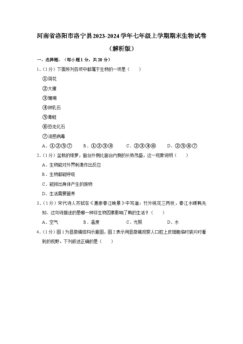 河南省洛阳市洛宁县2023-2024学年七年级上学期期末生物试卷第1页