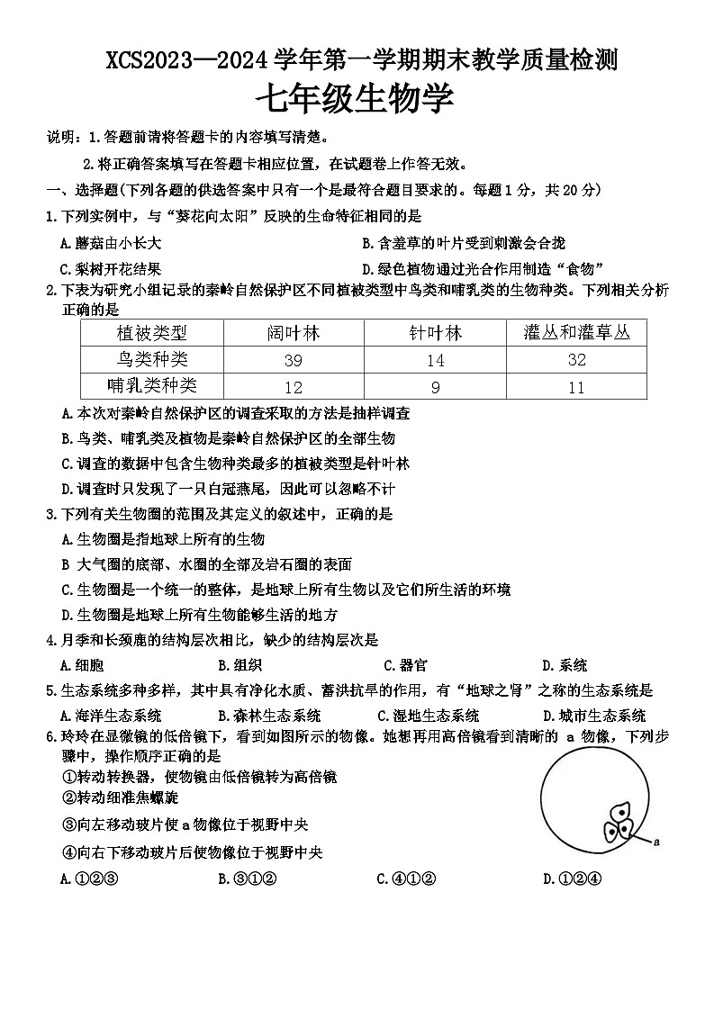 33,河南省许昌市2023-2024学年七年级上学期期末教学质量检测生物试卷第1页