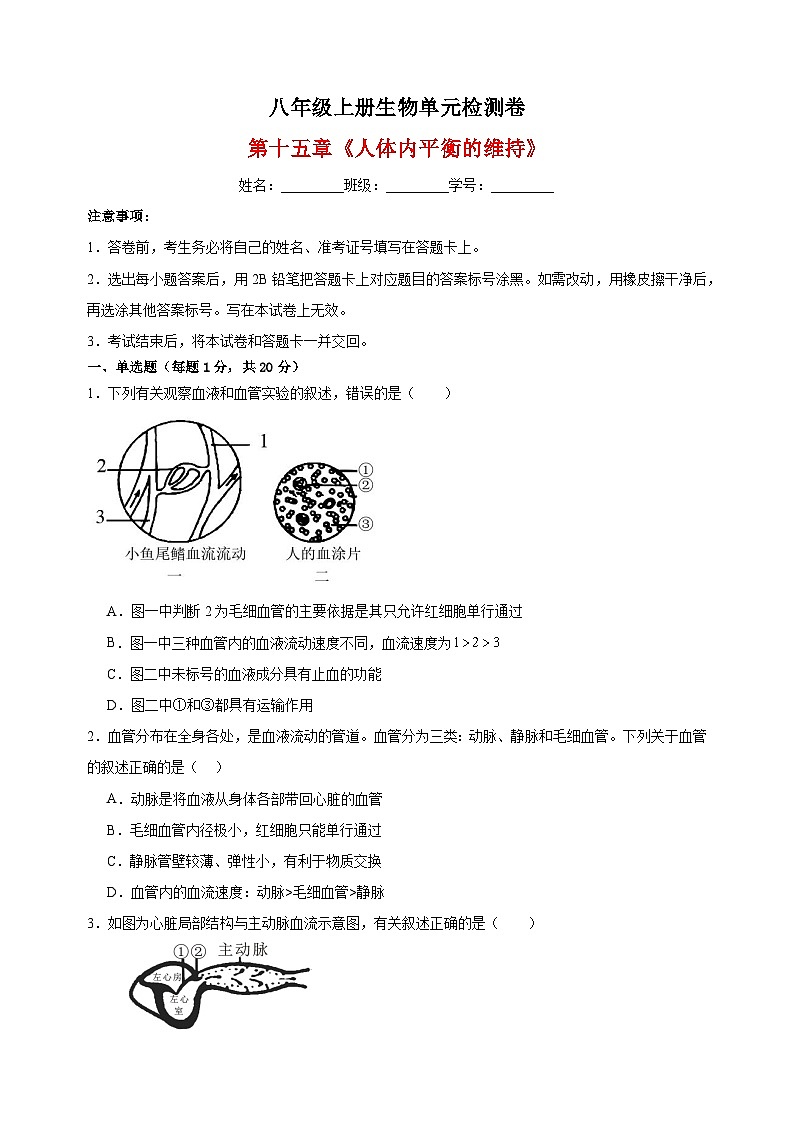 2023-2024学年苏科版八年级上册生物第十五章《人体内平衡的维持》单元检测卷(含答案解析)第1页