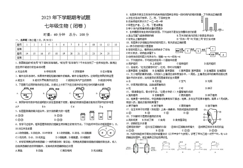 湖南省岳阳县2023-2024学年七年级上学期生物期末考试卷+第1页
