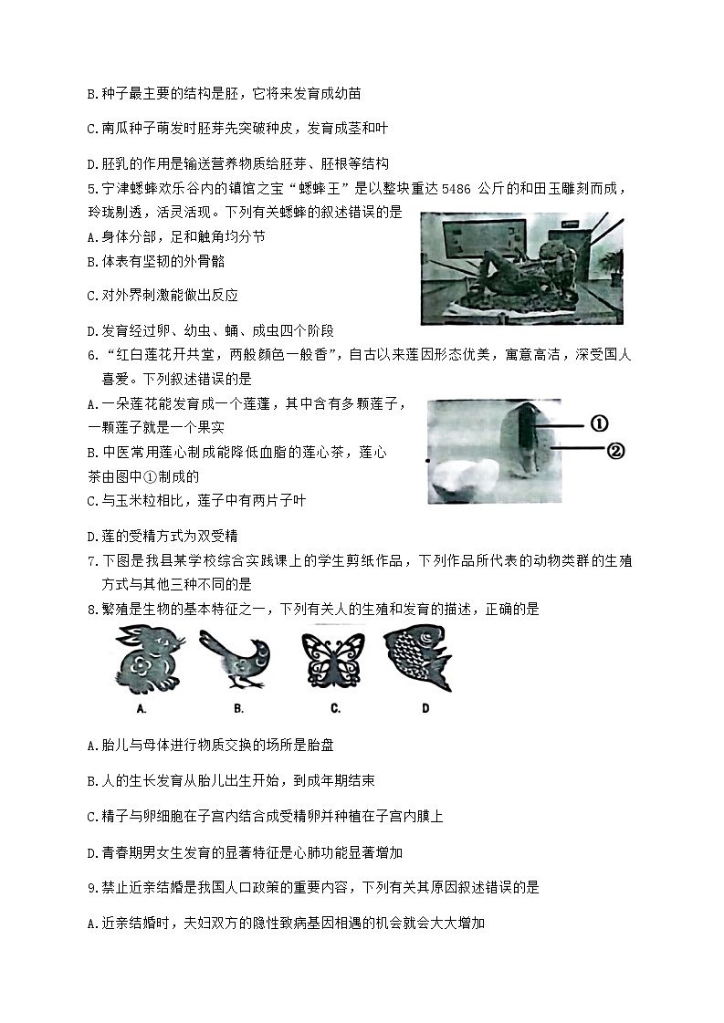 山东省德州市宁津县2023-2024学年八年级上学期期末生物试题02