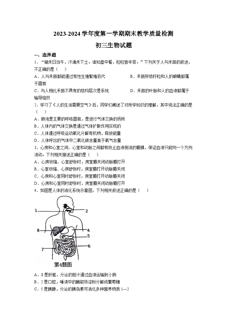 山东省菏泽市郓城县2023-2024学年九年级上学期期末教学质量检测生物试题