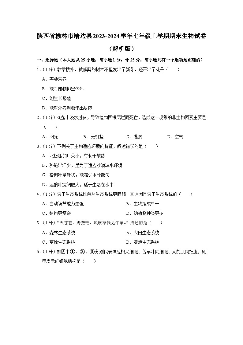 陕西省榆林市靖边县2023-2024学年七年级上学期期末生物试卷01