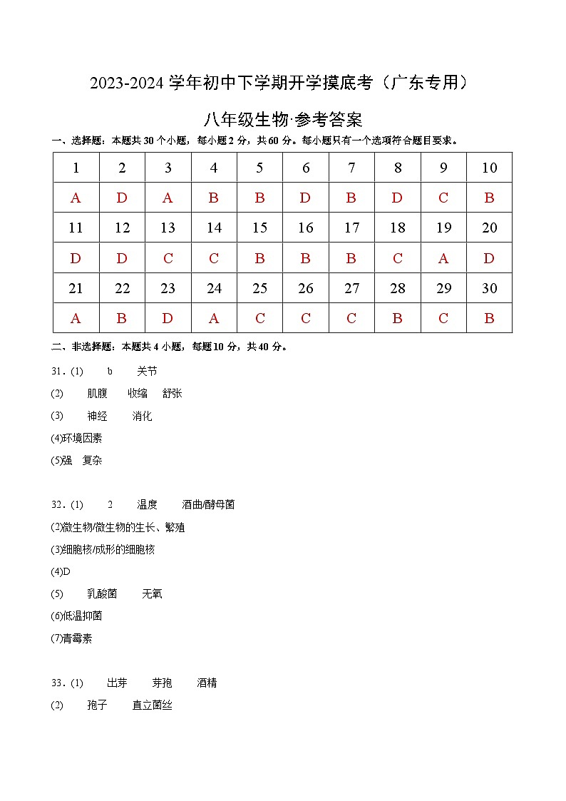 八年级生物开学摸底考(广东专用)(参考答案)第1页