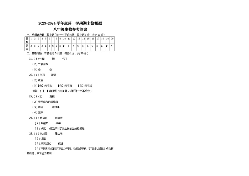 江西省赣州市寻乌县2023-2024学年八年级上学期期末抽测生物试卷01