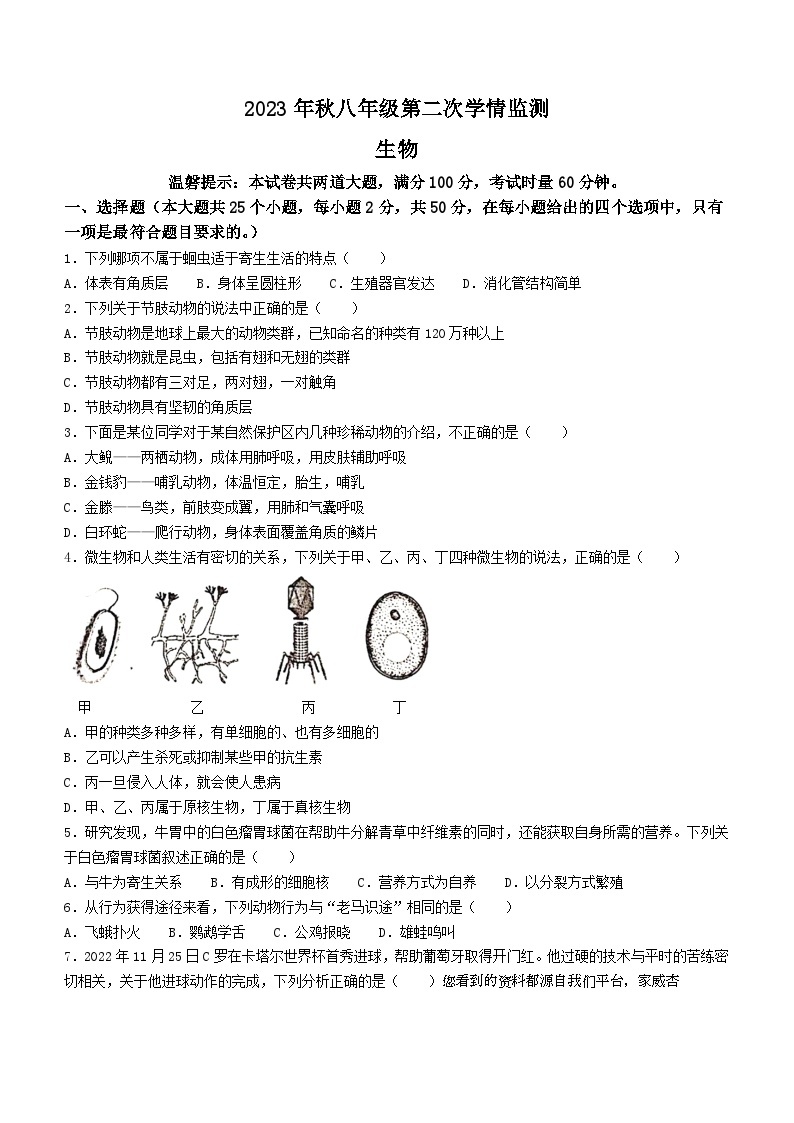 湖南省邵阳市邵东市2023-2024学年八年级上学期12月月考生物试题01