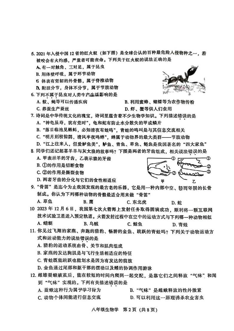 广东省江门市蓬江区2023-2024学年八年级上学期期末调研考试生物试题第2页