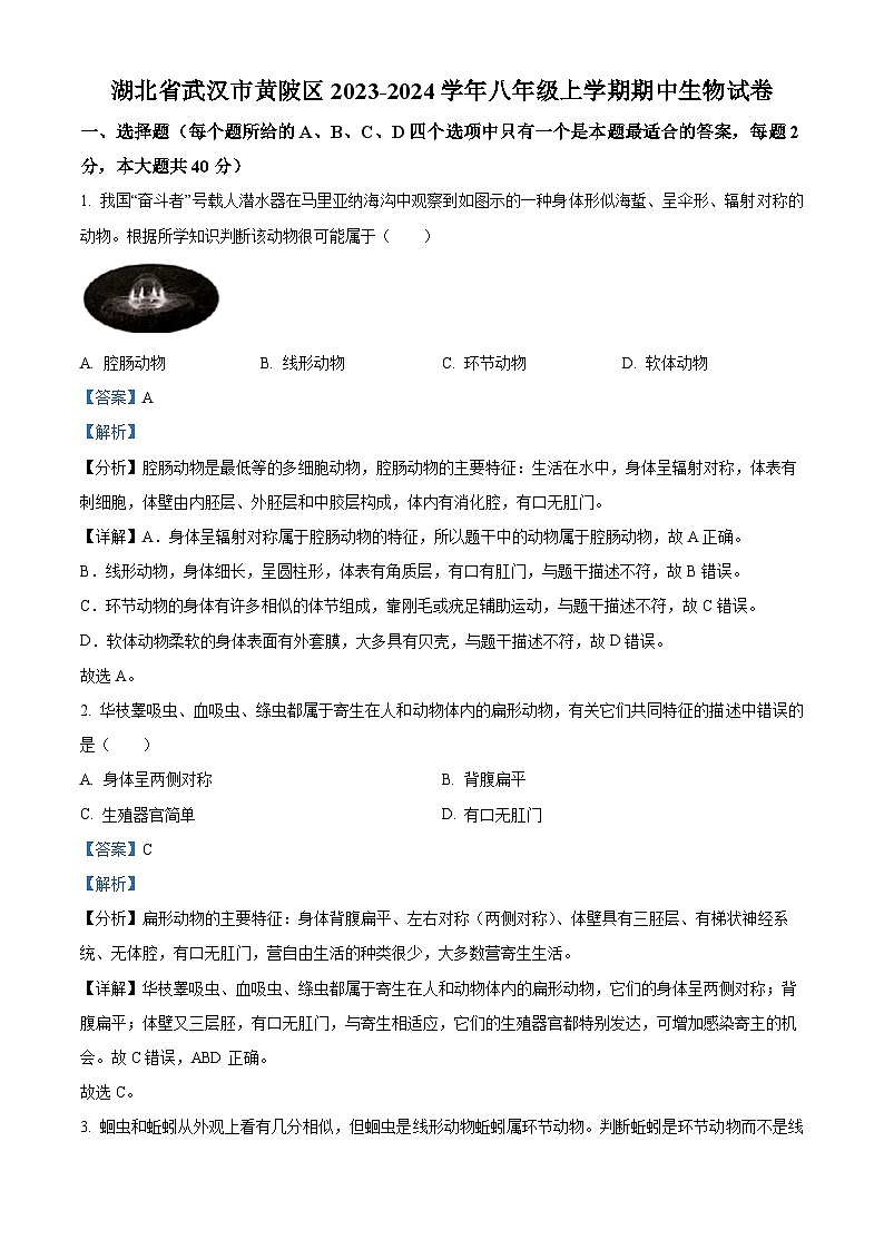 01,湖北省武汉市黄陂区2023-2024学年八年级上学期期中生物试卷第1页
