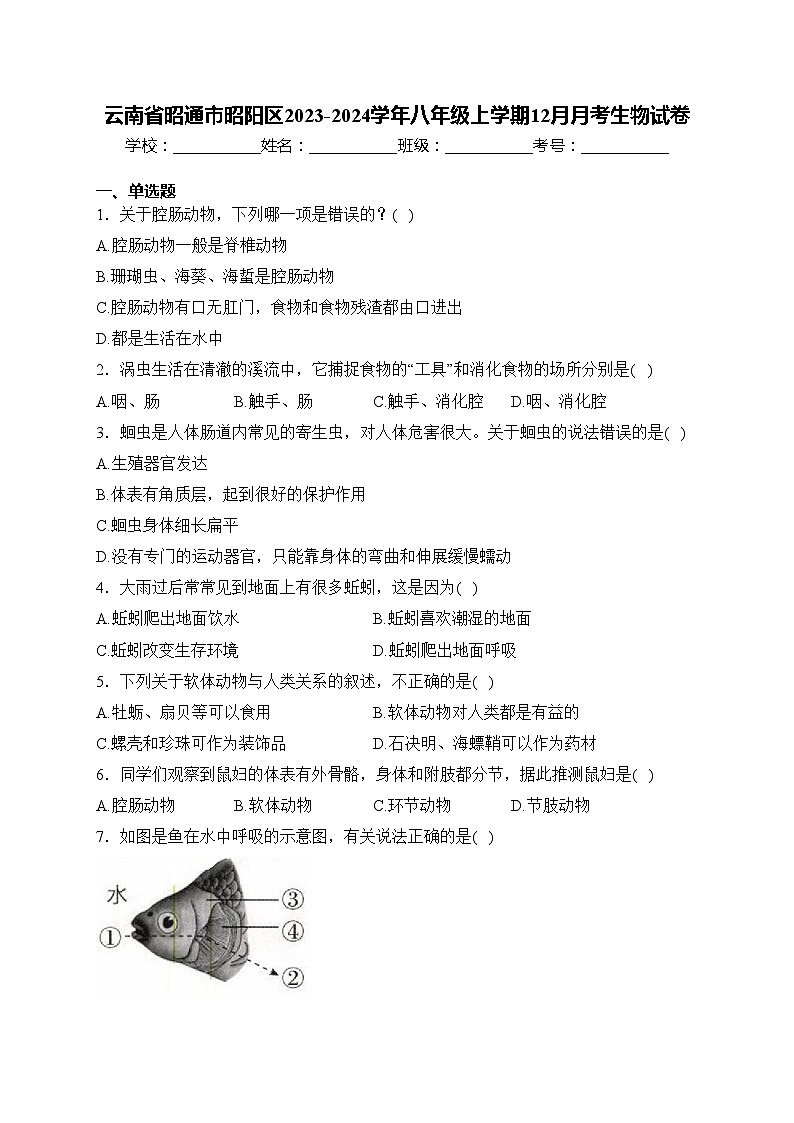 云南省昭通市昭阳区2023-2024学年八年级上学期12月月考生物试卷(含答案)01