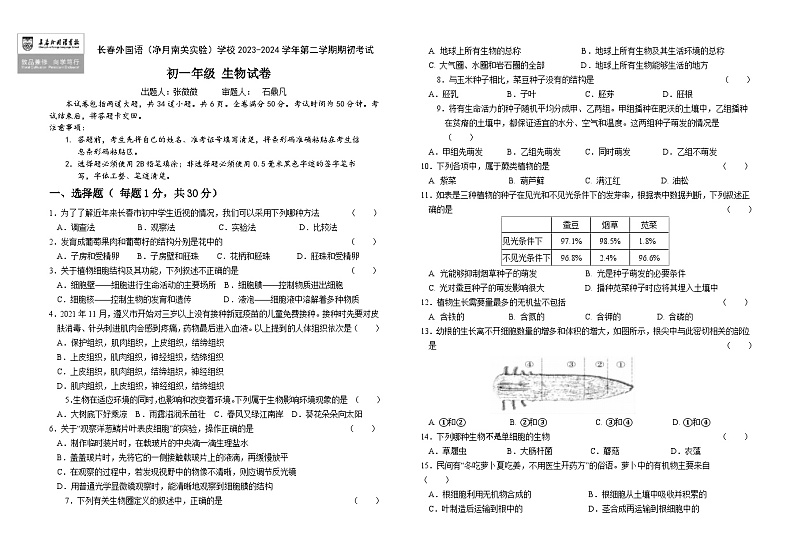 吉林省长春外国语学校2023-2024学年七年级下学期开学生物试题第1页
