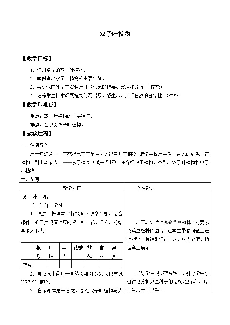 冀少版生物七年级上册 第三章 第六节 双子叶植物_(1)教案01