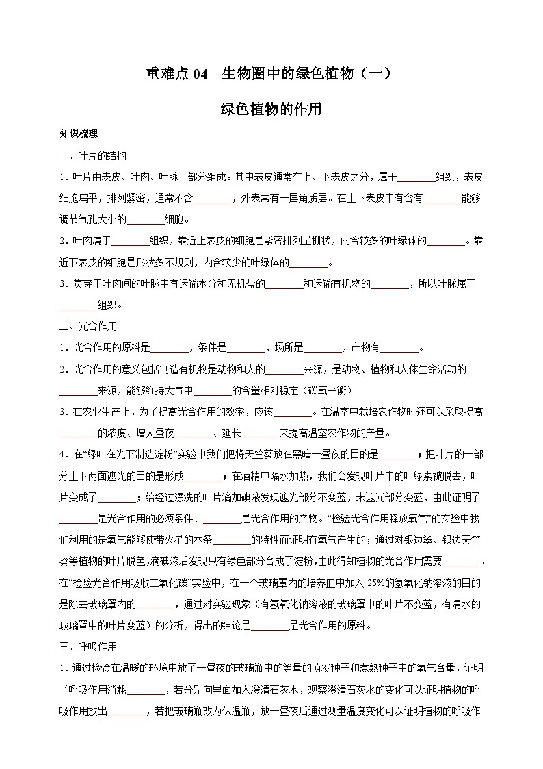 重难点04 生物圈中的绿色植物(一)-中考生物【·重点·难点】练习(附答案和解析)第1页