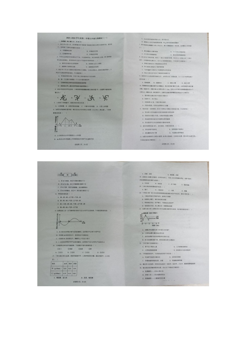 广东省揭阳市普宁市南湖实验学校2023-2024学年九年级下学期开学生物试题（图片版无答案）