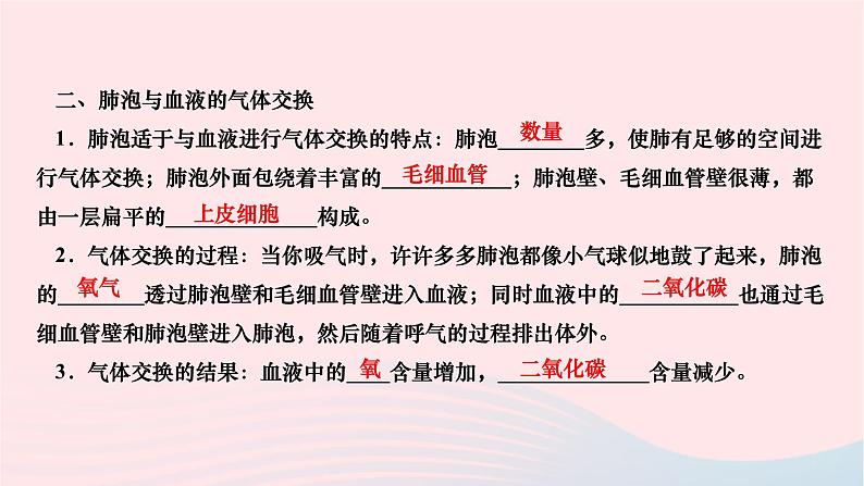 2024七年级生物下册第四单元生物圈中的人第三章人体的呼吸第二节发生在肺内的气体交换作业课件新版新人教版第3页