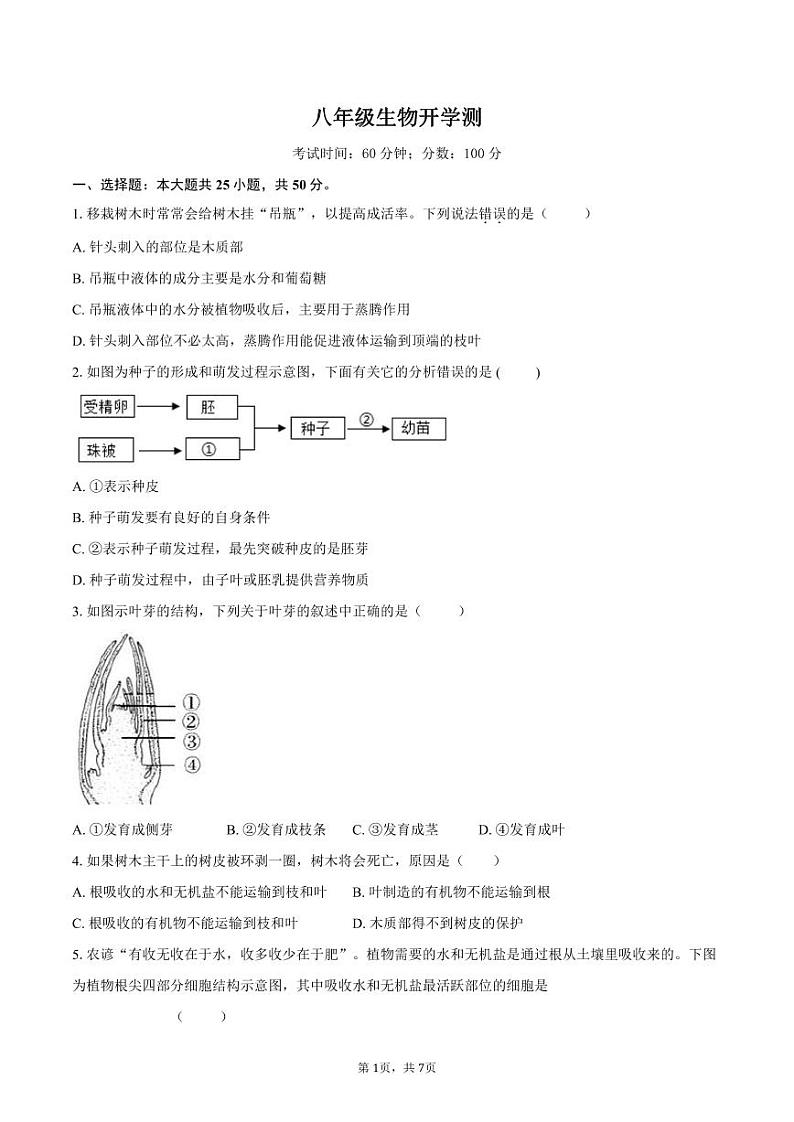 山东省禹城市李屯乡中学2023-2024学年八年级下学期开学检测生物试题第1页