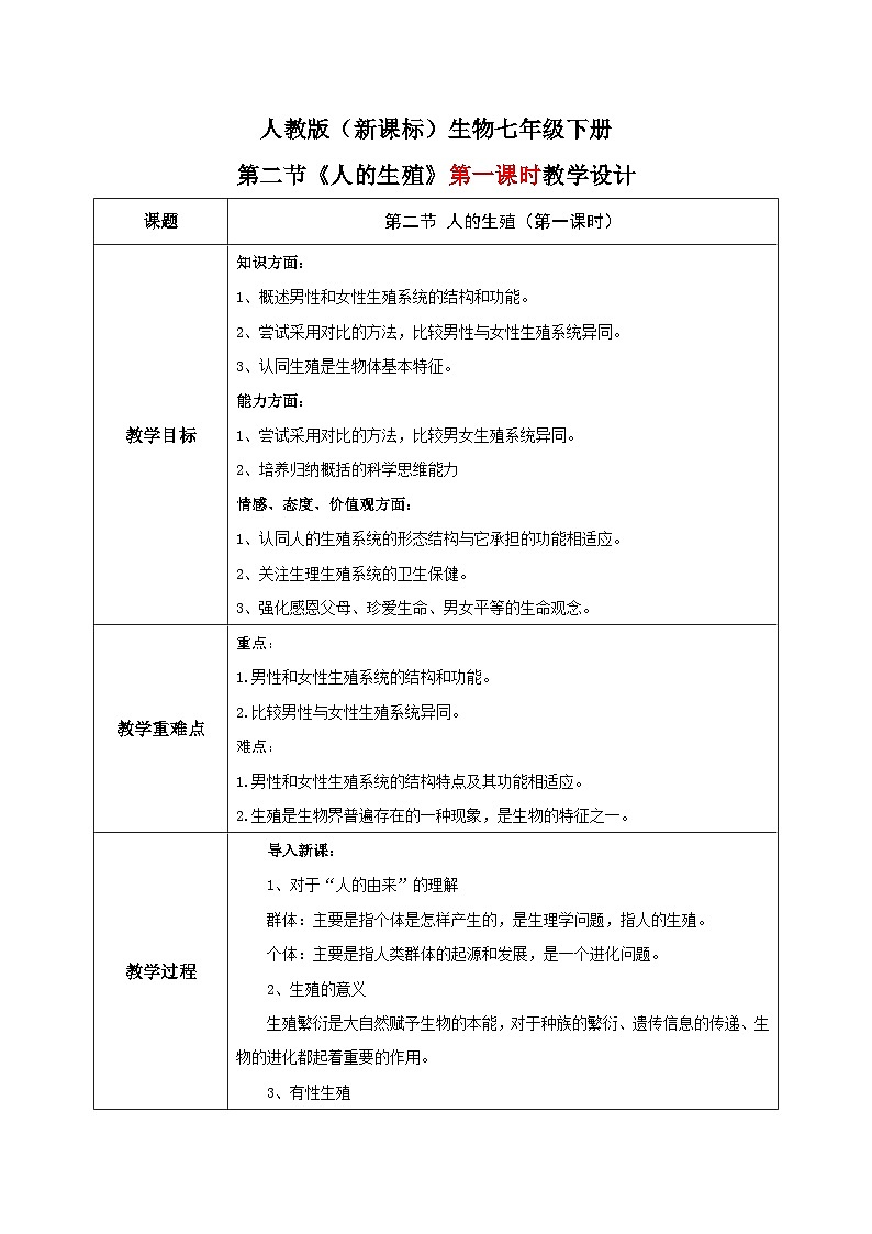 人教版七年级下册生物1.2《人的生殖》(第一课时)教学设计01
